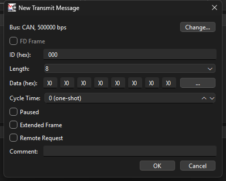 New Transmit Message, classic CAN