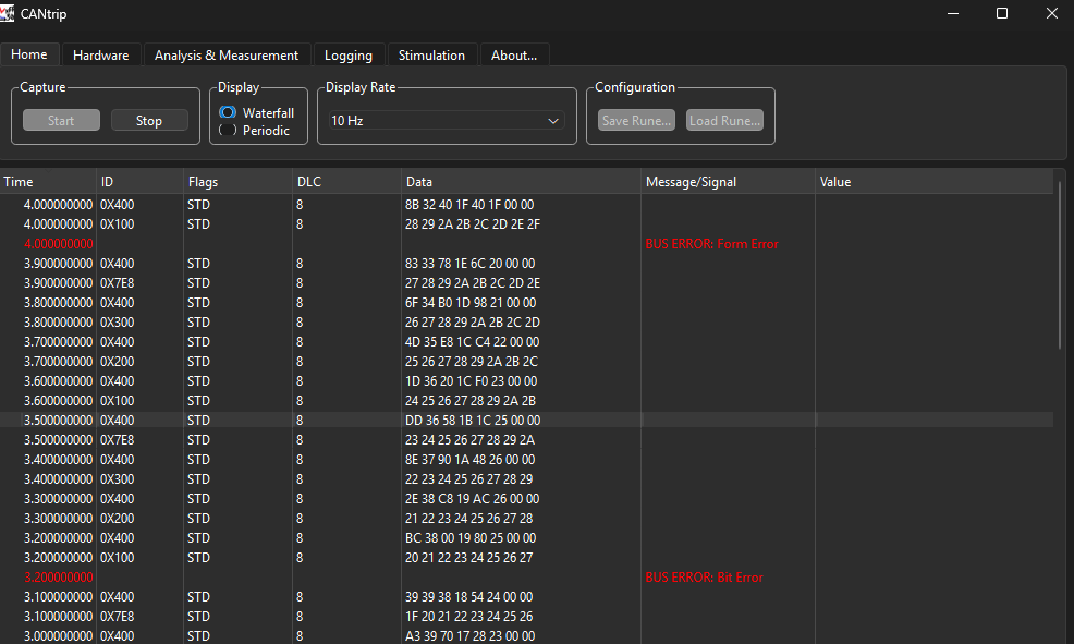CANtrip trace view showing bus errors